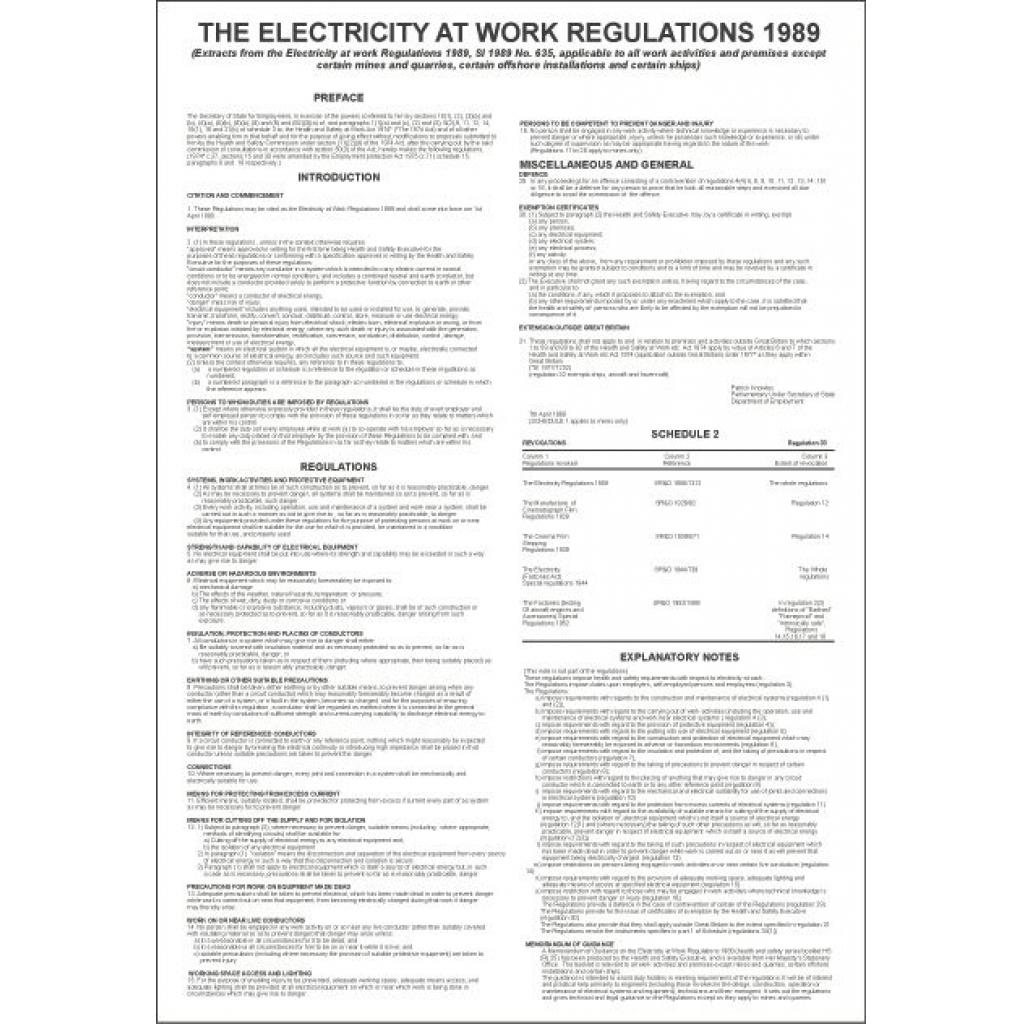 THE ELECTRICITY AT WORK REGULATIONS 1989 poster