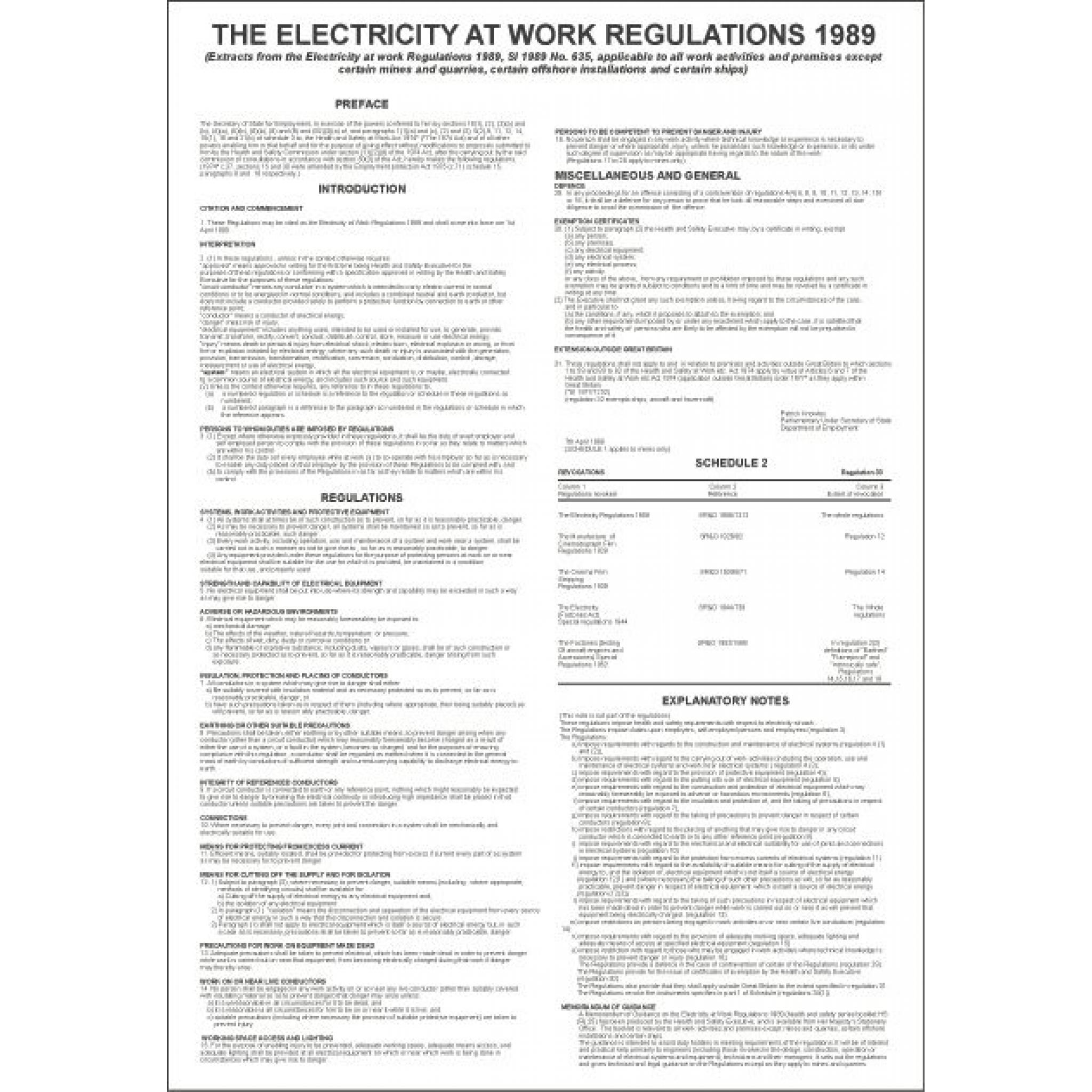 THE ELECTRICITY AT WORK REGULATIONS 1989 poster