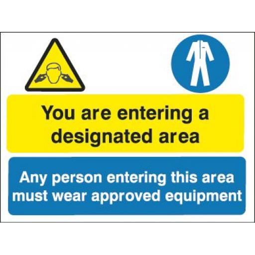 You are entering a designated area Any person entering this area must wear approved equipment