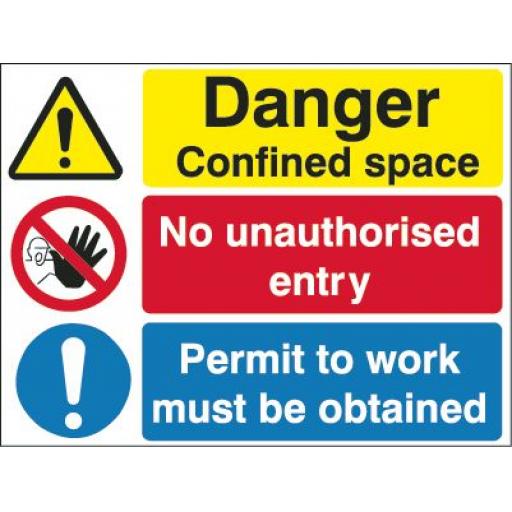 Danger Confined space No unauthorised entry Permit to work must be obtained